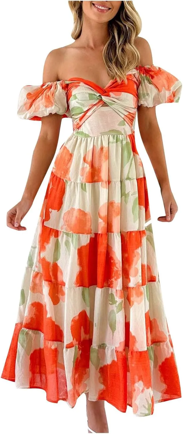 Womens Summer Vacation Dresses 2024 Trendy Bohemian Dresses Casual Long Maxi Dress Sexy Strapless Dresses