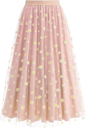 Women's Tulle A-Line Layered Mesh Midi Skirt Fashion Summer Boho Floral Maxi Skirts High Waisted Pleated Long Skirt