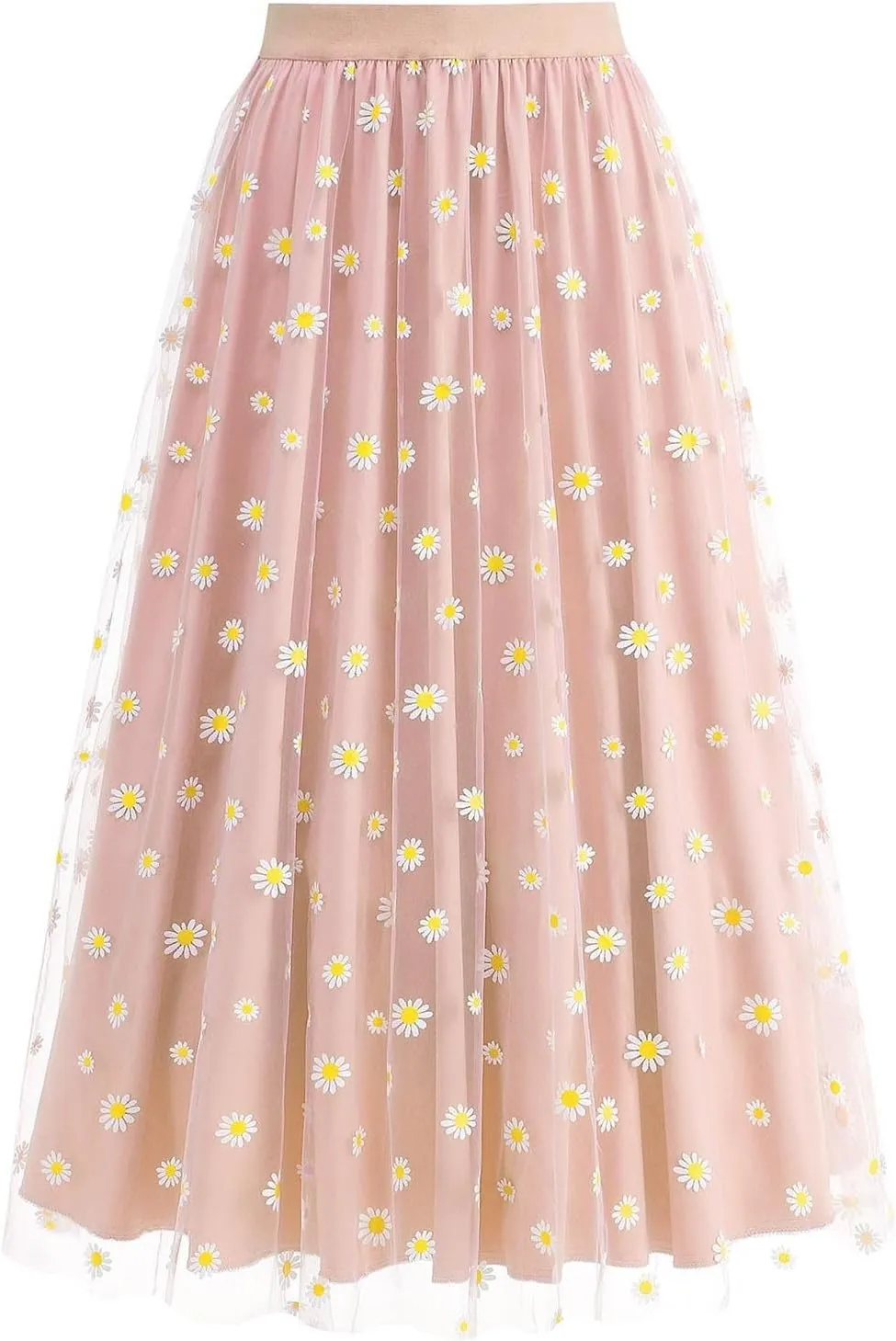 Women's Tulle A-Line Layered Mesh Midi Skirt Fashion Summer Boho Floral Maxi Skirts High Waisted Pleated Long Skirt