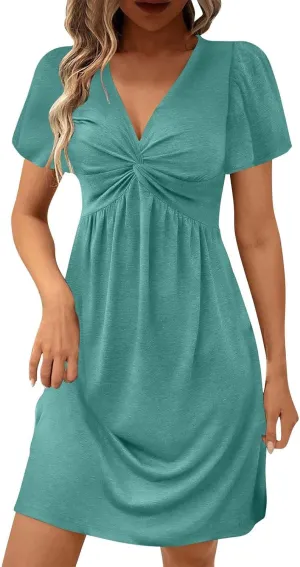 Womens Twist Front V Neck Summer Dress Sexy Elegant Puff Sleeve Casual Pleated Mini Dresses Swing A Line Sundresses