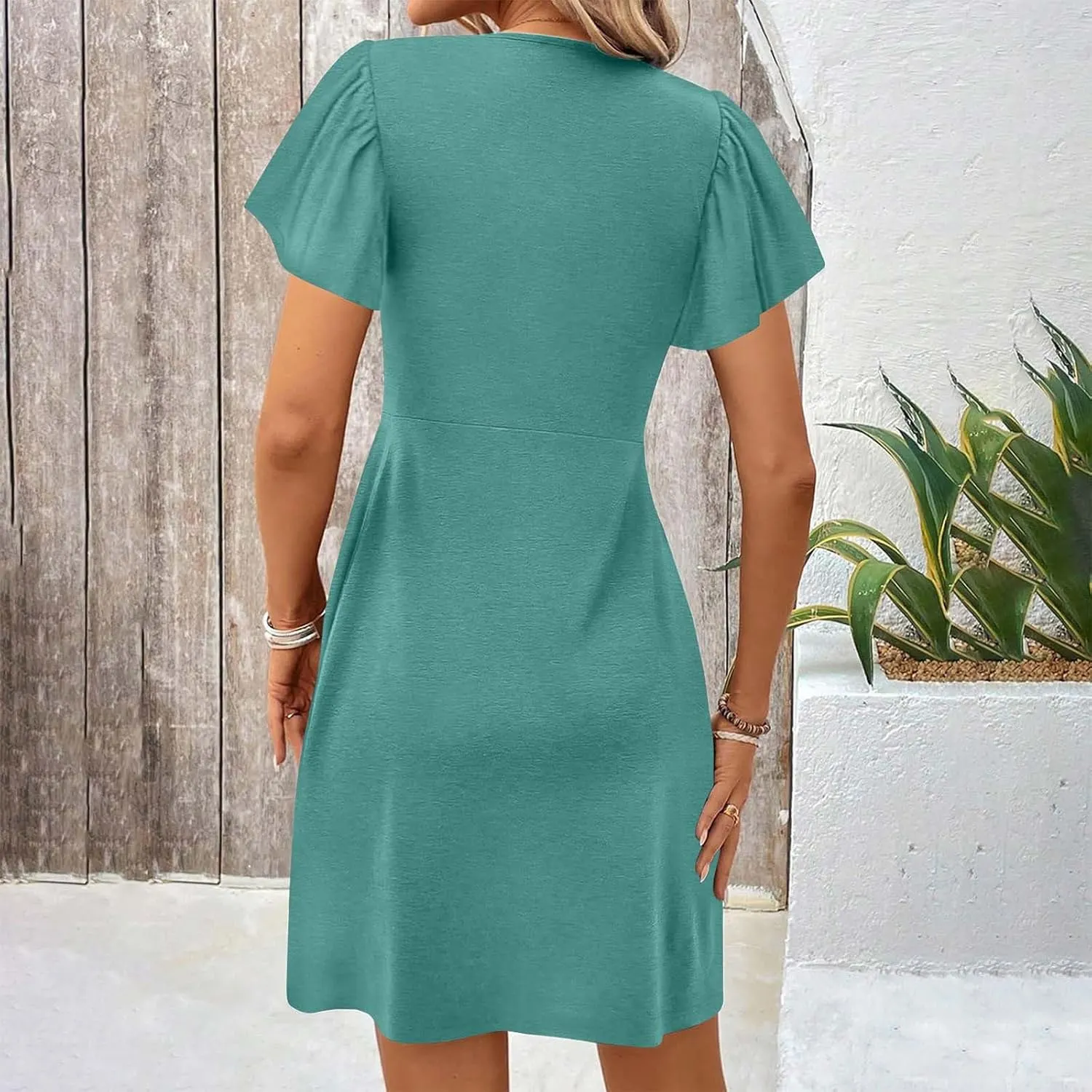 Womens Twist Front V Neck Summer Dress Sexy Elegant Puff Sleeve Casual Pleated Mini Dresses Swing A Line Sundresses