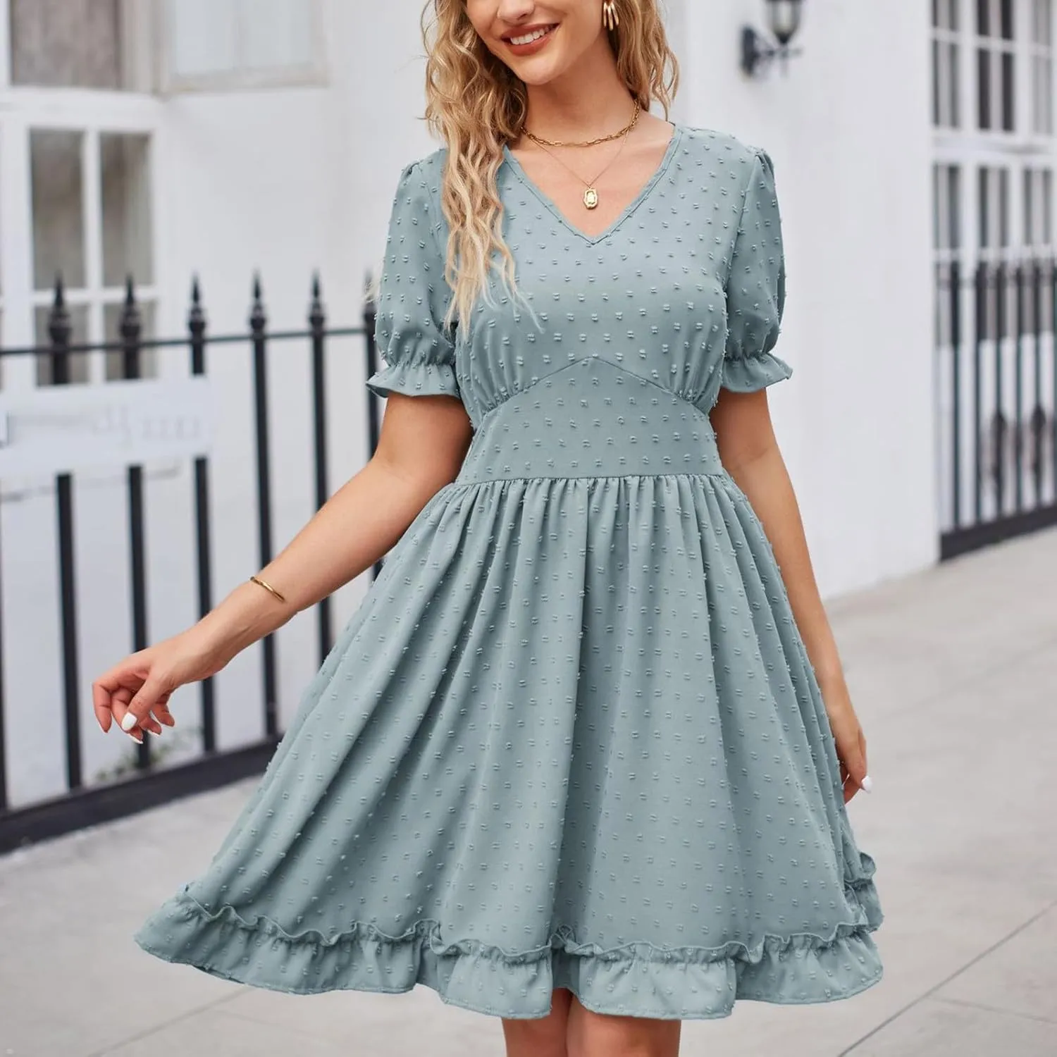 Women's V Neck Casual Vacation Dress 2025 Short Sleeve Smocked Swiss Dot Swing Ruffle Hem Beach Summer Mini Dresses