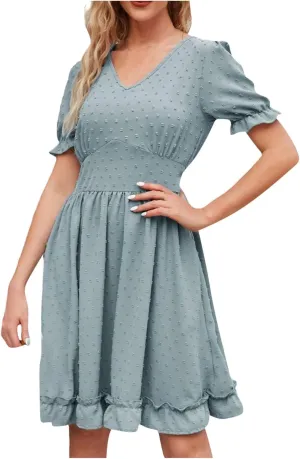 Women's V Neck Casual Vacation Dress 2025 Short Sleeve Smocked Swiss Dot Swing Ruffle Hem Beach Summer Mini Dresses