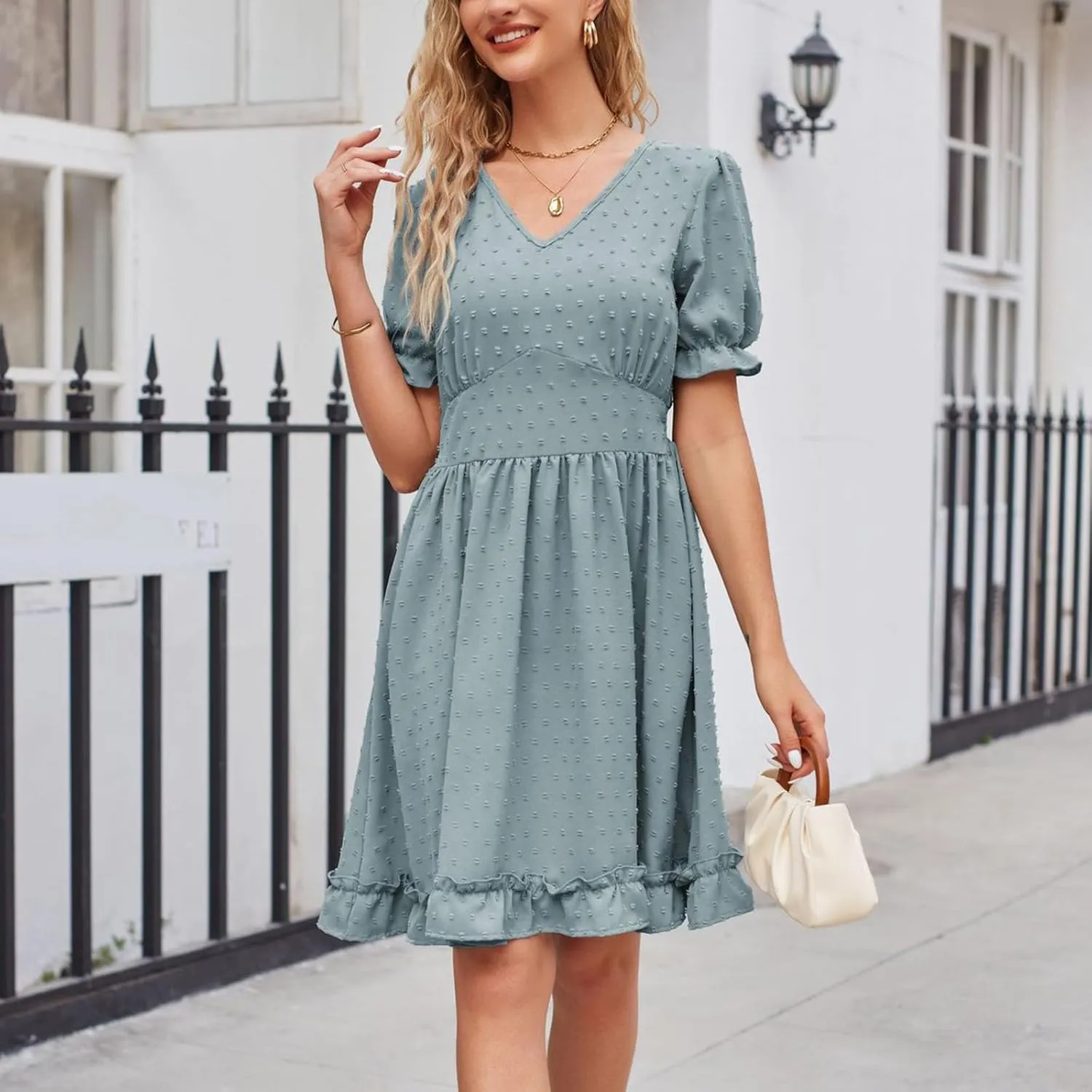 Women's V Neck Casual Vacation Dress 2025 Short Sleeve Smocked Swiss Dot Swing Ruffle Hem Beach Summer Mini Dresses
