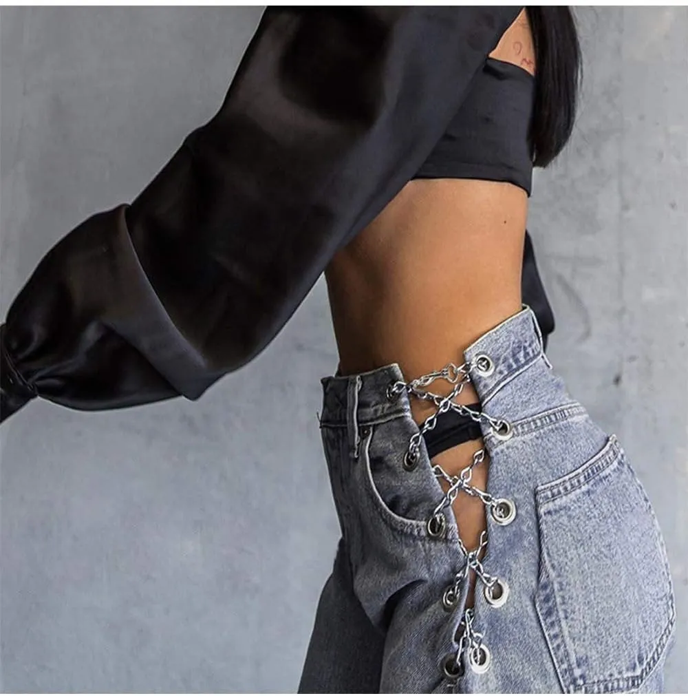 xxxiticat Women's Chain Lace Up Denim Pants High Waist Slim Fit Skinny Bandage Cutout Hollow Out Jeans Trousers