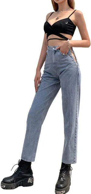 xxxiticat Women's Chain Lace Up Denim Pants High Waist Slim Fit Skinny Bandage Cutout Hollow Out Jeans Trousers