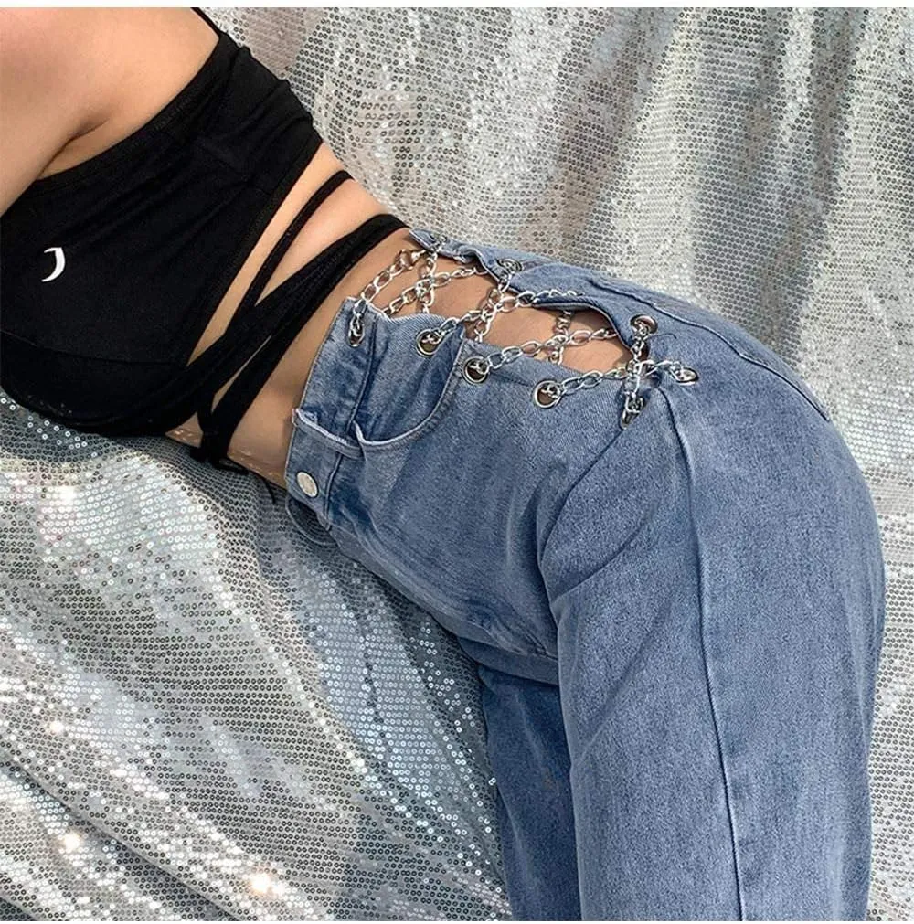 xxxiticat Women's Chain Lace Up Denim Pants High Waist Slim Fit Skinny Bandage Cutout Hollow Out Jeans Trousers
