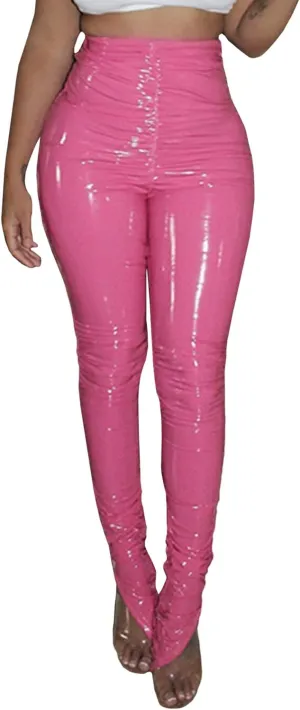 xxxiticat Women's Pleated PU Leather Pants High Wasit Bodycon Ruched Split Hem Faux Leather Club Legging Trousers