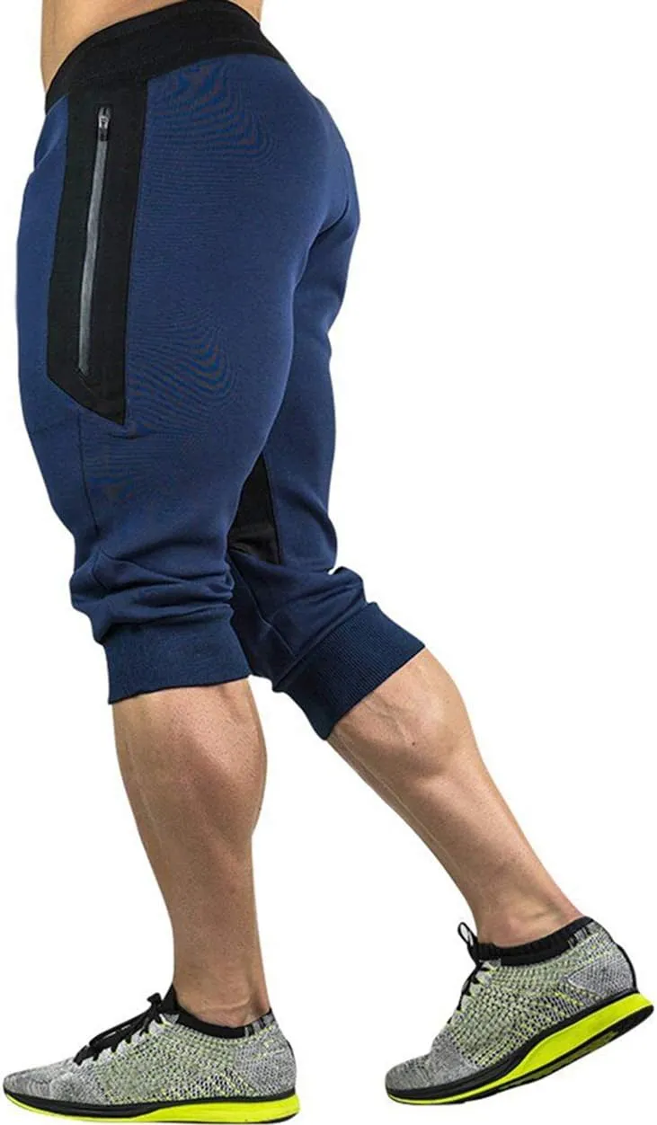 YSENTO Men's Cotton Casual 3/4 Jogger Running Capri Pants Below Knee Gym Workout Shorts Zipper Pockets