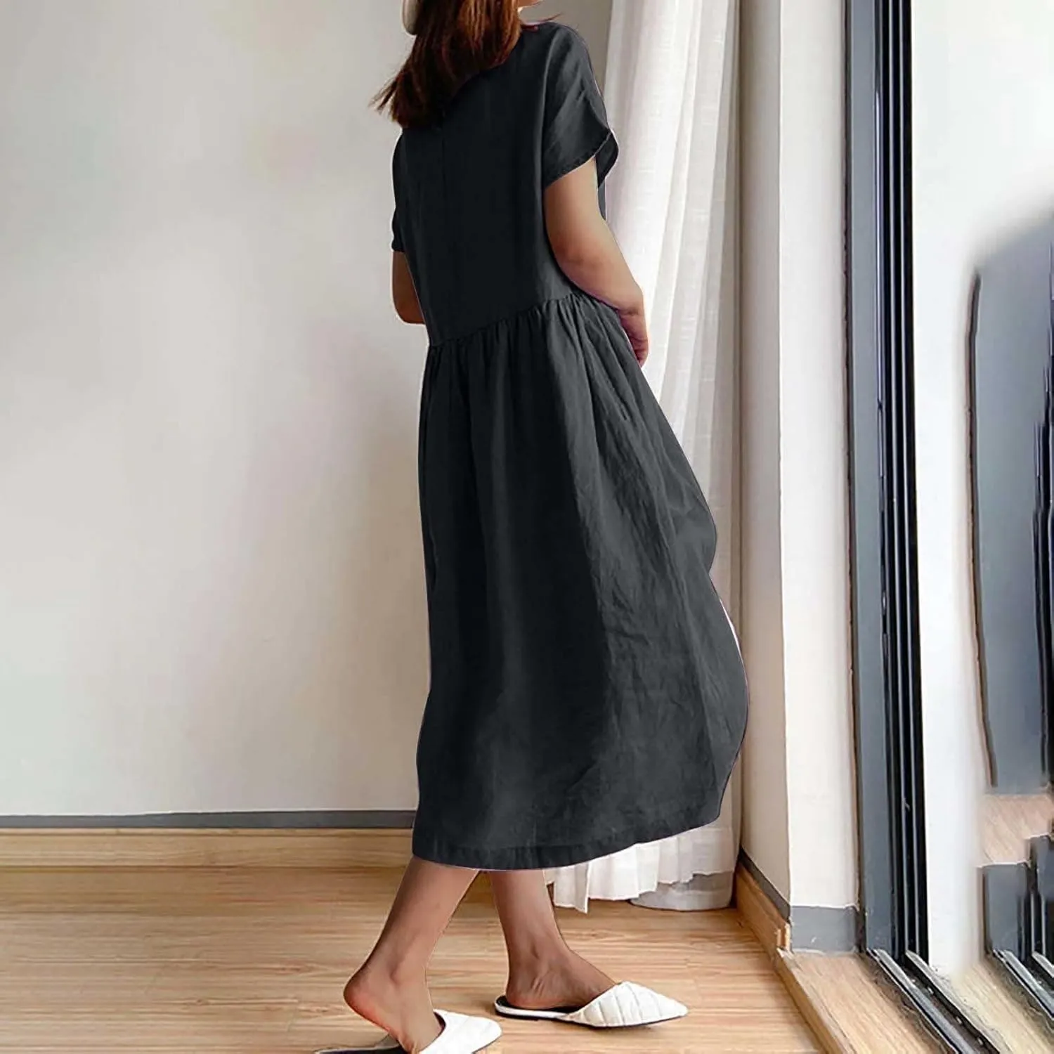 ZDRZK Beach Dresses for Women Cotton Linen Short Sleeve Crewneck Maxi Dress Oversized Loose Fit Casual Summer Dress