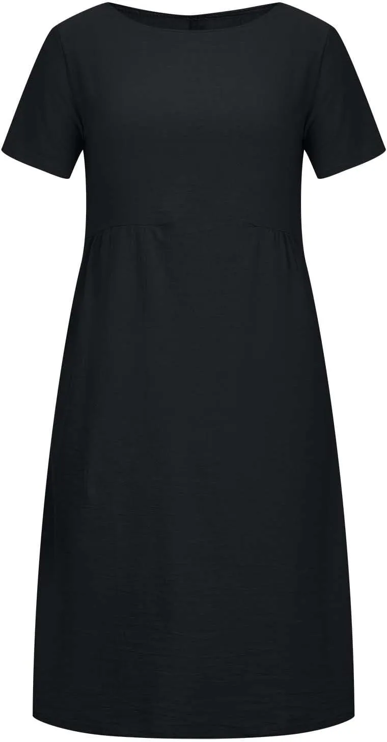 ZDRZK Beach Dresses for Women Cotton Linen Short Sleeve Crewneck Maxi Dress Oversized Loose Fit Casual Summer Dress