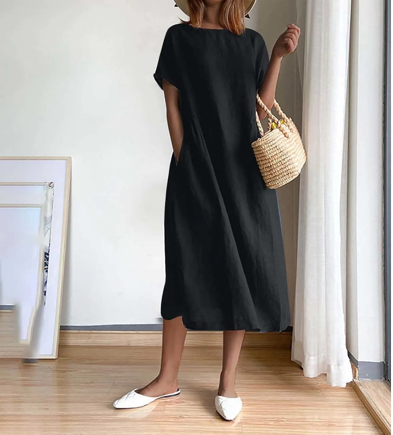 ZDRZK Beach Dresses for Women Cotton Linen Short Sleeve Crewneck Maxi Dress Oversized Loose Fit Casual Summer Dress