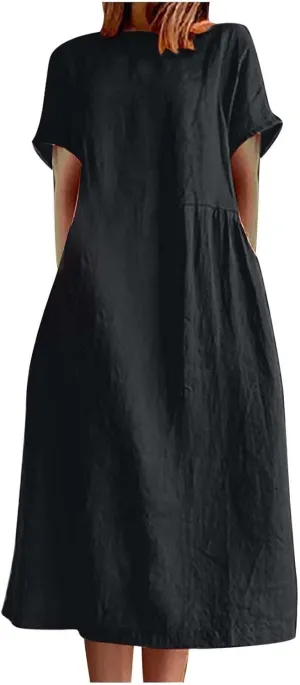 ZDRZK Beach Dresses for Women Cotton Linen Short Sleeve Crewneck Maxi Dress Oversized Loose Fit Casual Summer Dress