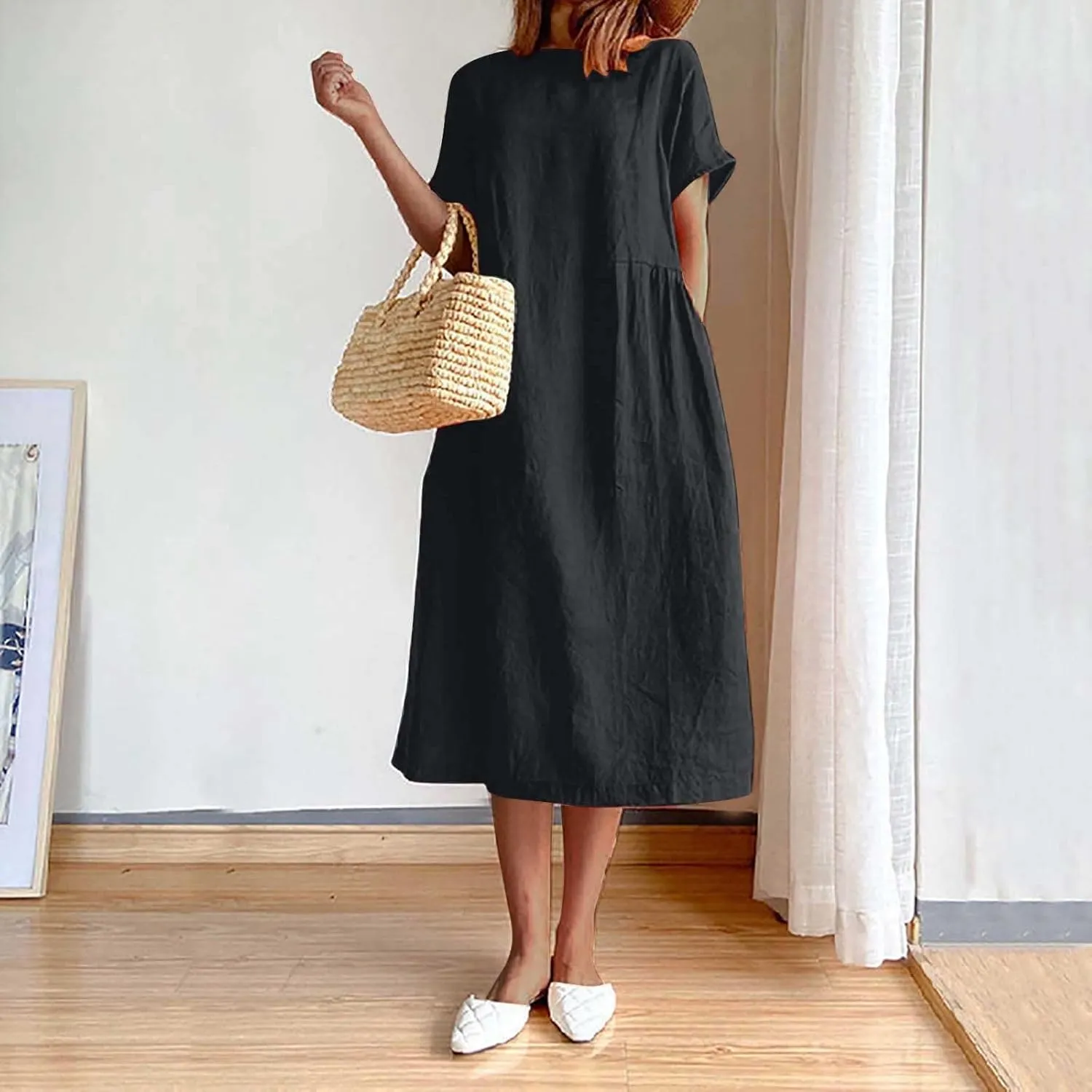 ZDRZK Beach Dresses for Women Cotton Linen Short Sleeve Crewneck Maxi Dress Oversized Loose Fit Casual Summer Dress