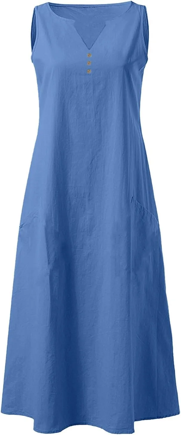 ZDRZK Summer Dresses for Women 2025 Casual Sleeveless Cotton Linen Sundresses Flowy Beach Vacation Dress with Pockets