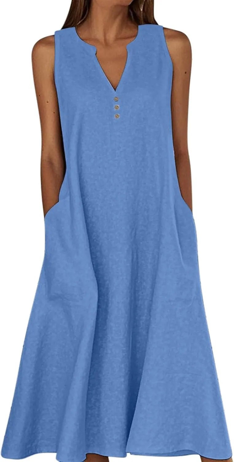 ZDRZK Summer Dresses for Women 2025 Casual Sleeveless Cotton Linen Sundresses Flowy Beach Vacation Dress with Pockets