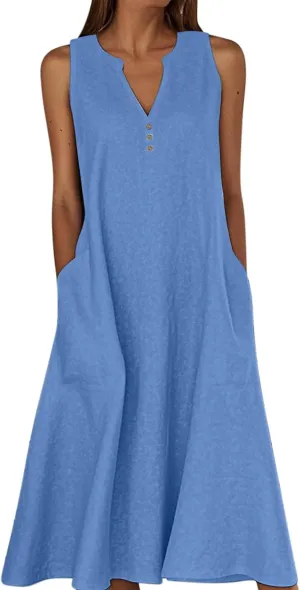 ZDRZK Summer Dresses for Women 2025 Casual Sleeveless Cotton Linen Sundresses Flowy Beach Vacation Dress with Pockets