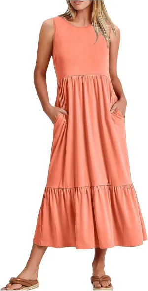 ZDRZK Sundresses for Women 2024 Crewneck Casual Flowy Beach Maxi Dress Sleeveless Tiered Summer Tank Dresses with Pockets